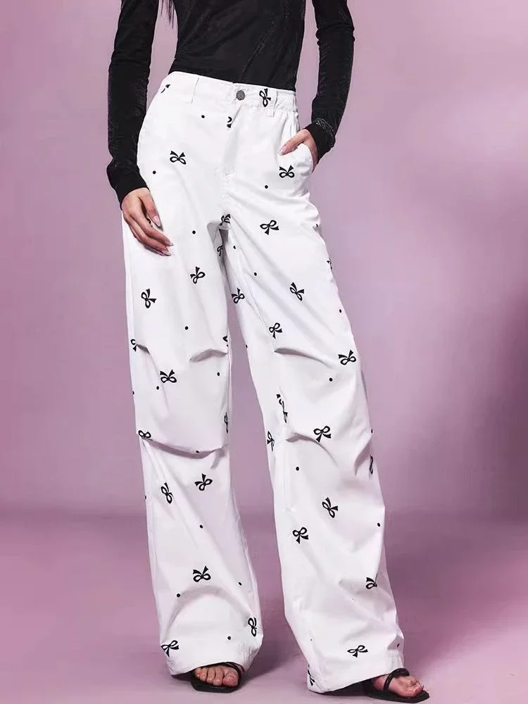 

ADAgirl White High Waist Pants Women Y2k Causal Loose Bows Pattern Korean Style Wide Leg Trousers Hip Hop Fashion Street Bottoms