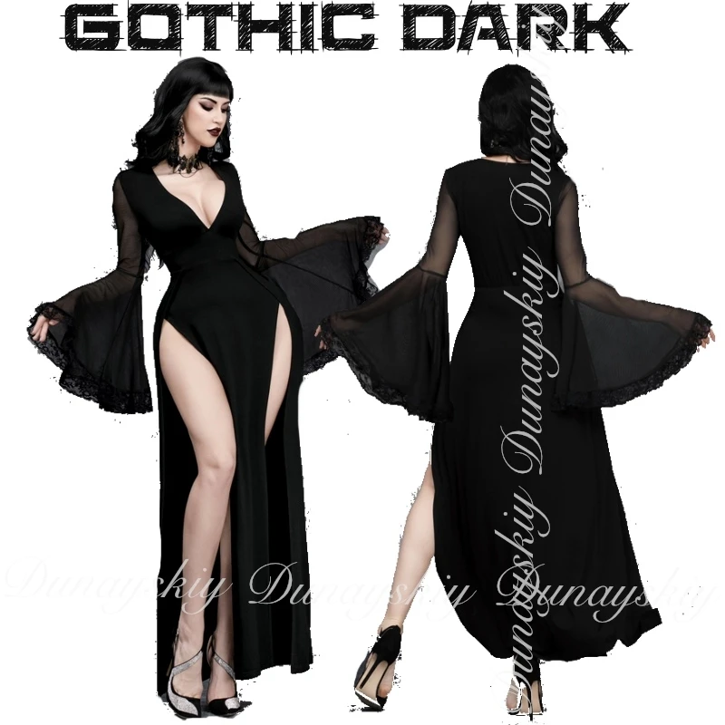 

Helloween The Black Gothic Dark Slit Flared Sleeves Lace Patchwork Jumpsuit Group The New Dress 2025 Cosplay Costume Full Of Set