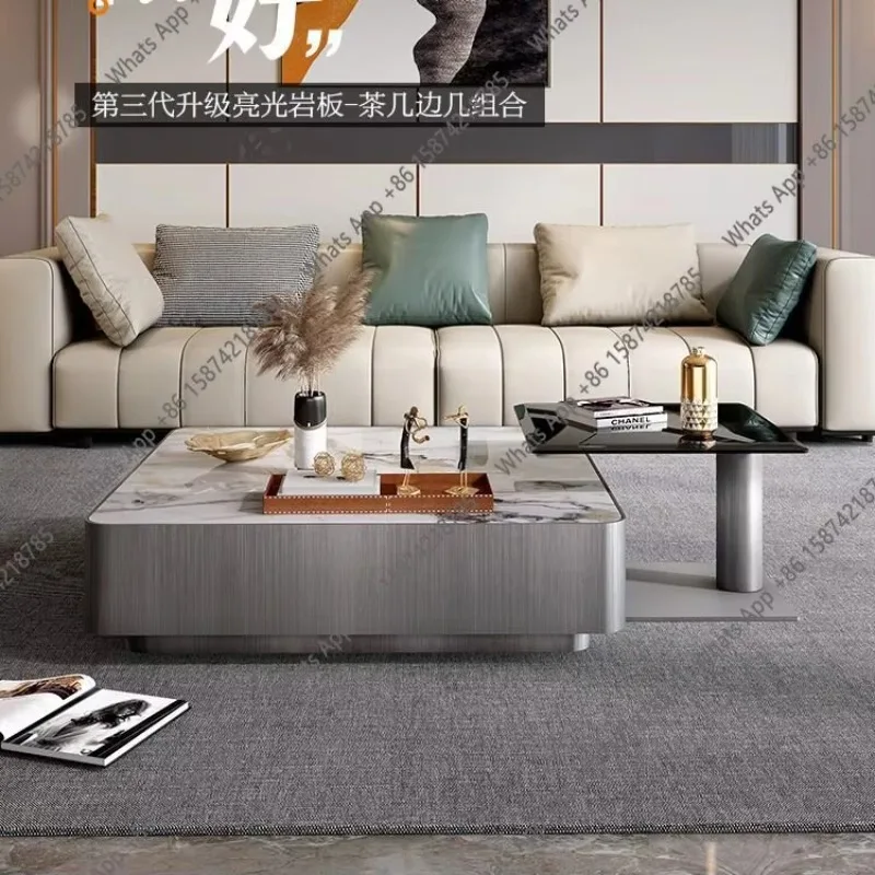 

X25 Modern Light Luxury Stainless Steel Wire Drawing Process, Bright Rock Slab Coffee Table, High-end Living Room Square