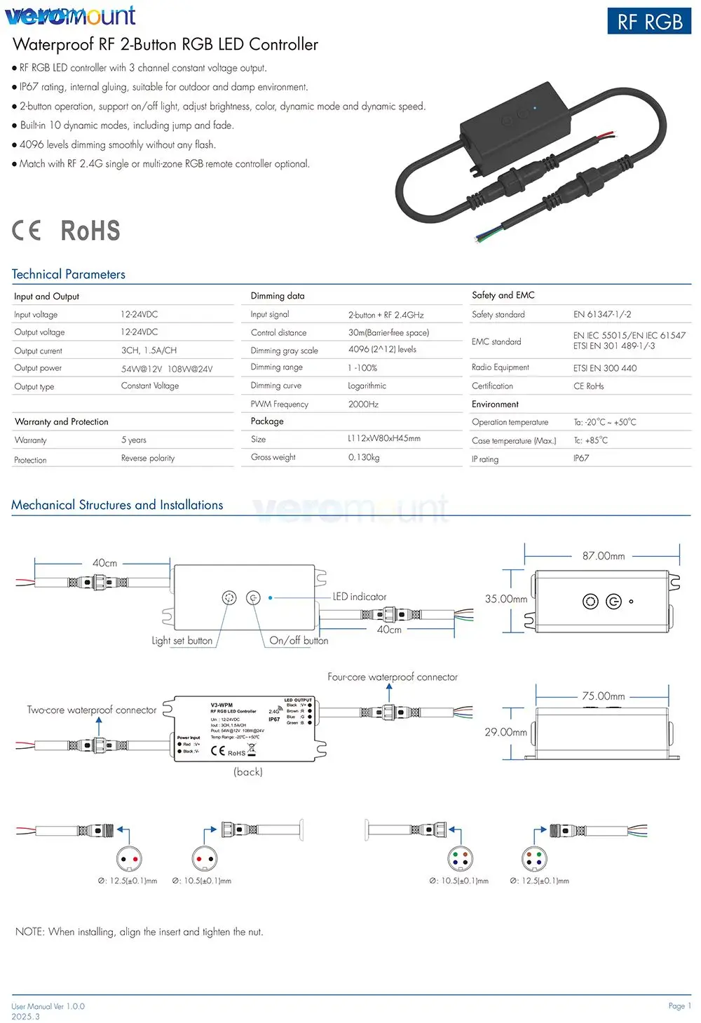 Skydance V3-WPM 3CH*1.5A DC12-24V 2.4G RGB LED Controller 2-Button IP67 Waterproof RF Mini Controller for 12V 24V RGB Strip Use