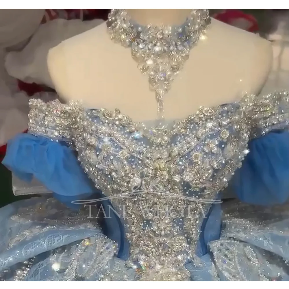 

Sweetheart Off-Shoulder Blue Prom Dress Lace-Up Back Bow Crystal Embroidery Beaded Long Special Occasion Gown