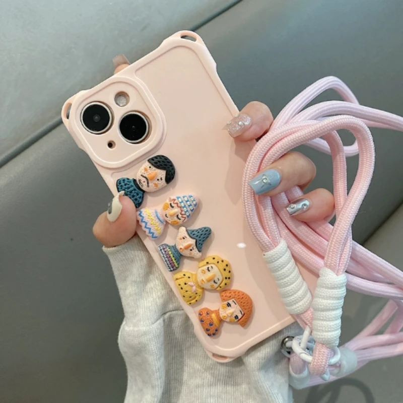 Anti-Theft Phone Case with Wrist Strap & Crossbody Strap for iPhone 15 Pro Max, Cute 3D Doll Design, Shockproof for Android