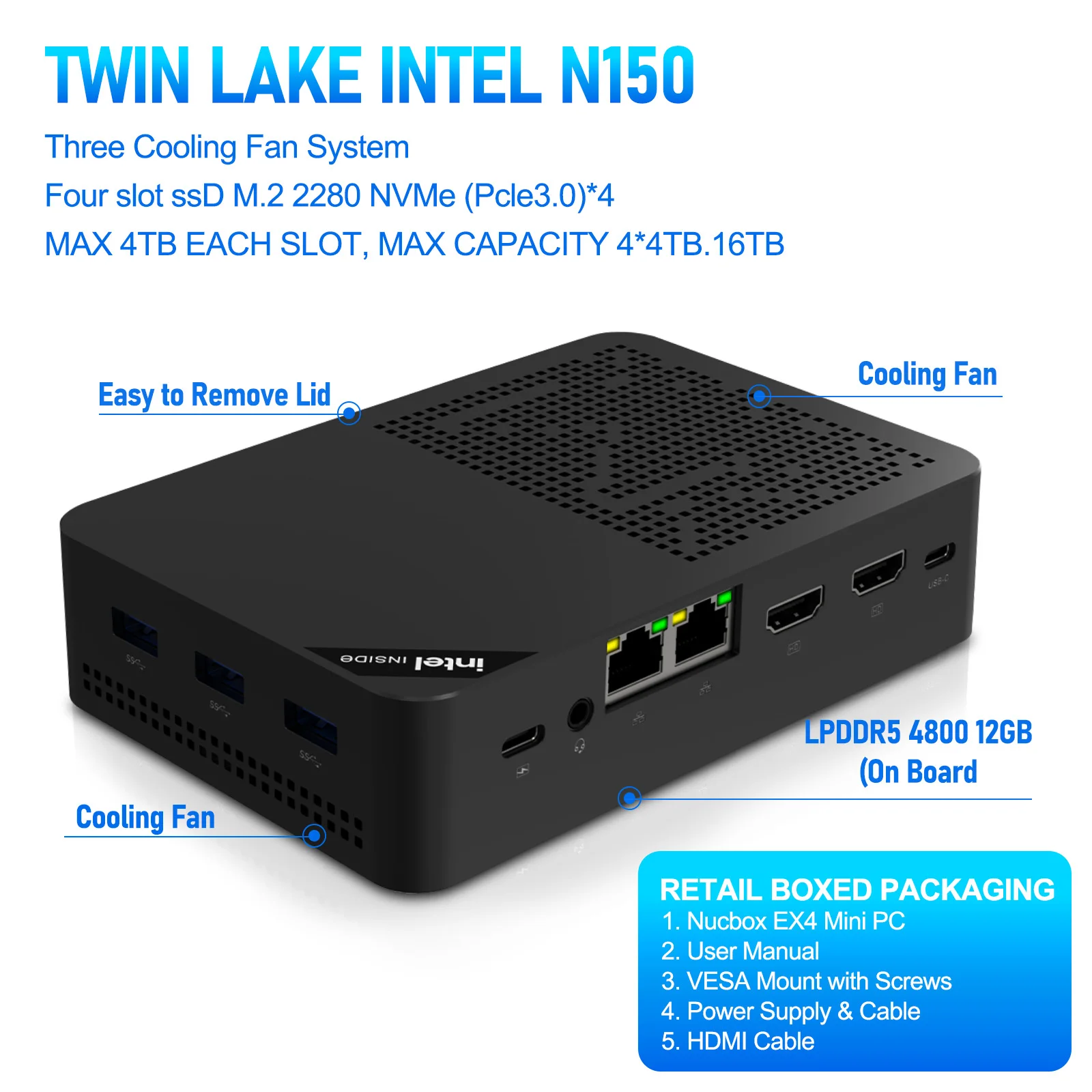 SZBOX EX4 Twin Lake N150 MINI PC Windows 11 Pro LPDDR5 12GB 64GB