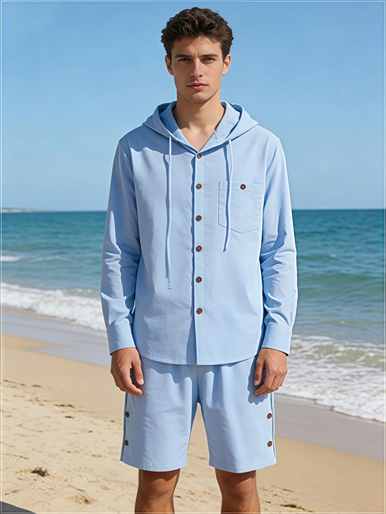 

Men's New Cotton Linen Casual Suit 2026 Summer New Men's Hooded Solid Color Casual Long Sleeved Shirt and Shorts 2-Piece Set