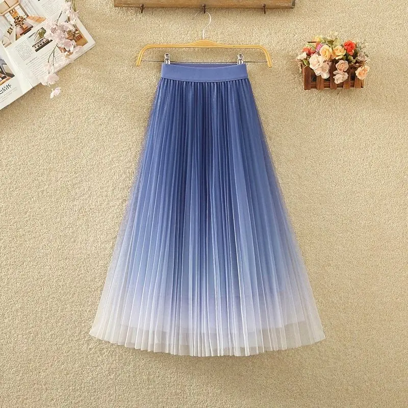 

Graduated Color Mesh Skirt Women's High Waist Midi A-Line Pleated Half Skirt plus Size Half Skirt Summer New Arrival