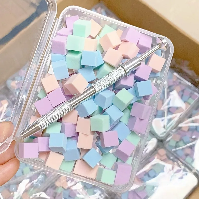 50/100PCS Mini Square Nail Sponge Powder Puff With Pick Clip Gradient Nail Art Stamper Brush Wet Dry Manicure Tools Kit