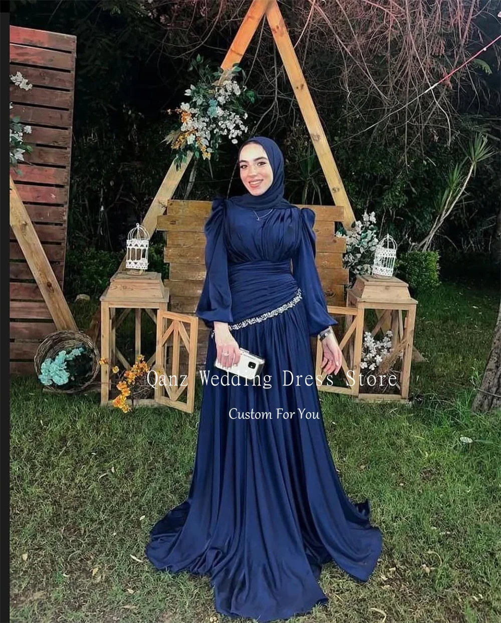 Qanz robes de soirée arabes musulmanes cristal à manches longues Hijab islamique bal robe de soirée formelle femmes longue occasion formelle personnalisée