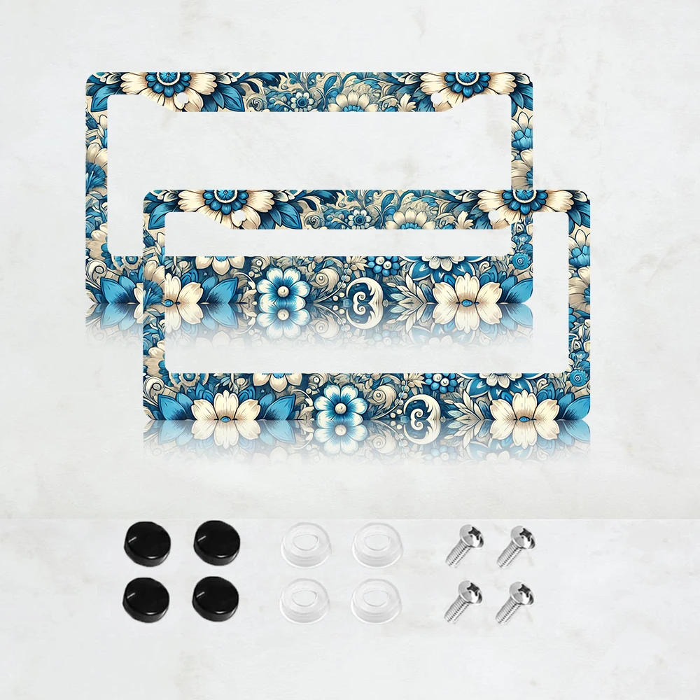 

2 шт. красивых сине-белых рамок для номерных знаков с цветочным узором гибискуса, красочные цветочные алюминиевые аксессуары для декора автомобиля, 2 отверстия