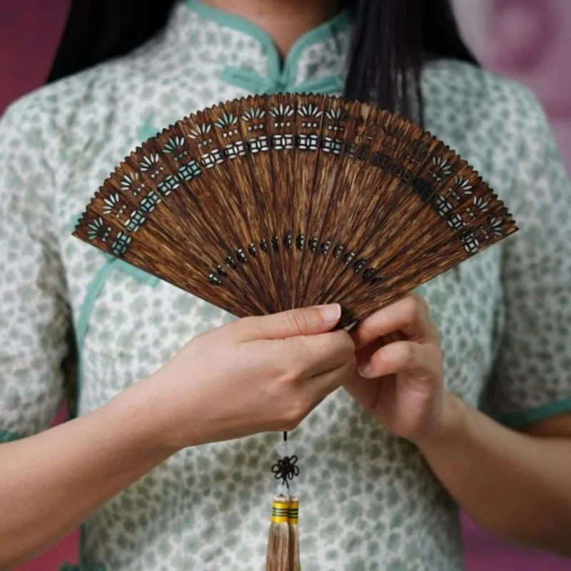 D5 Agarwood Fan Carving Hollow Agarwood Handicraft Ornament Antique Shooting Props Handheld Solid Wood Fan