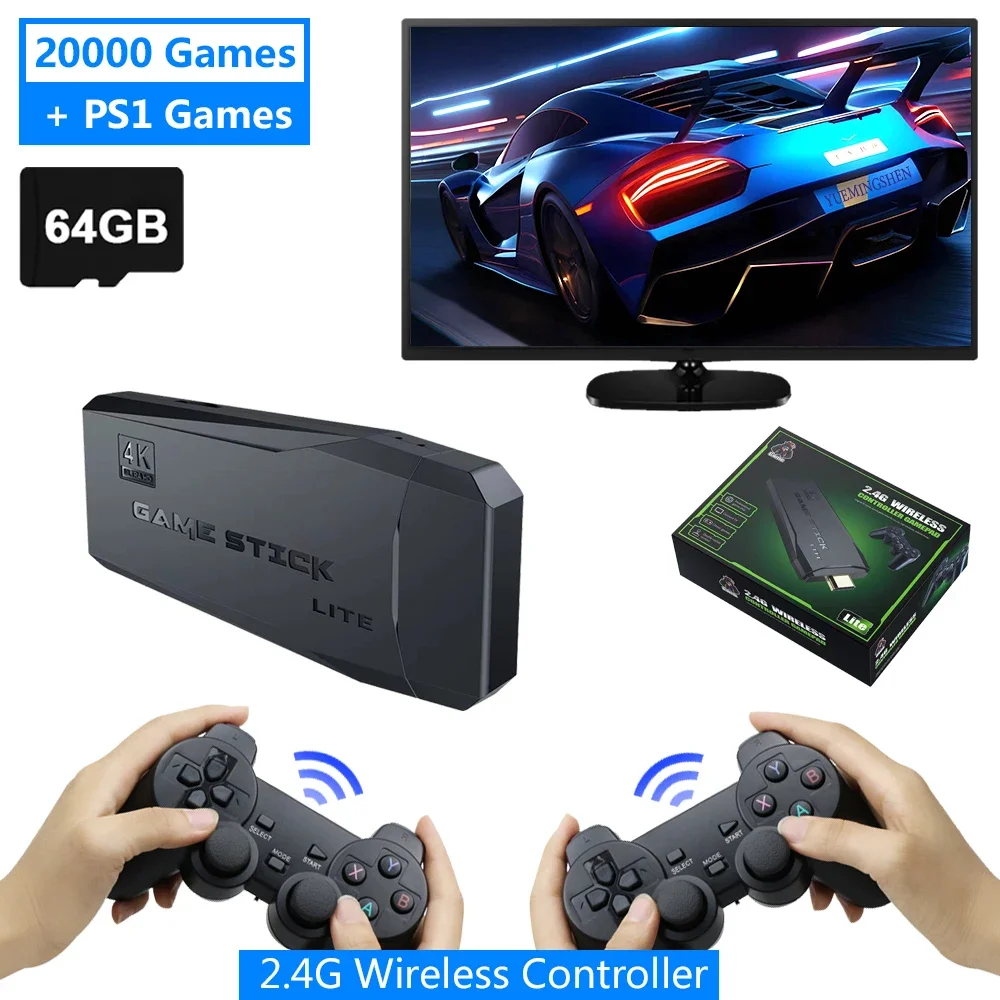 Console de jeu vidéo HD avec 20000 jeux rétro intégrés, TV Stick, 2.4G, contrôleur sans fil pour touristes, prend en charge PS1, GBA, cadeau d'anniversaire pour enfants