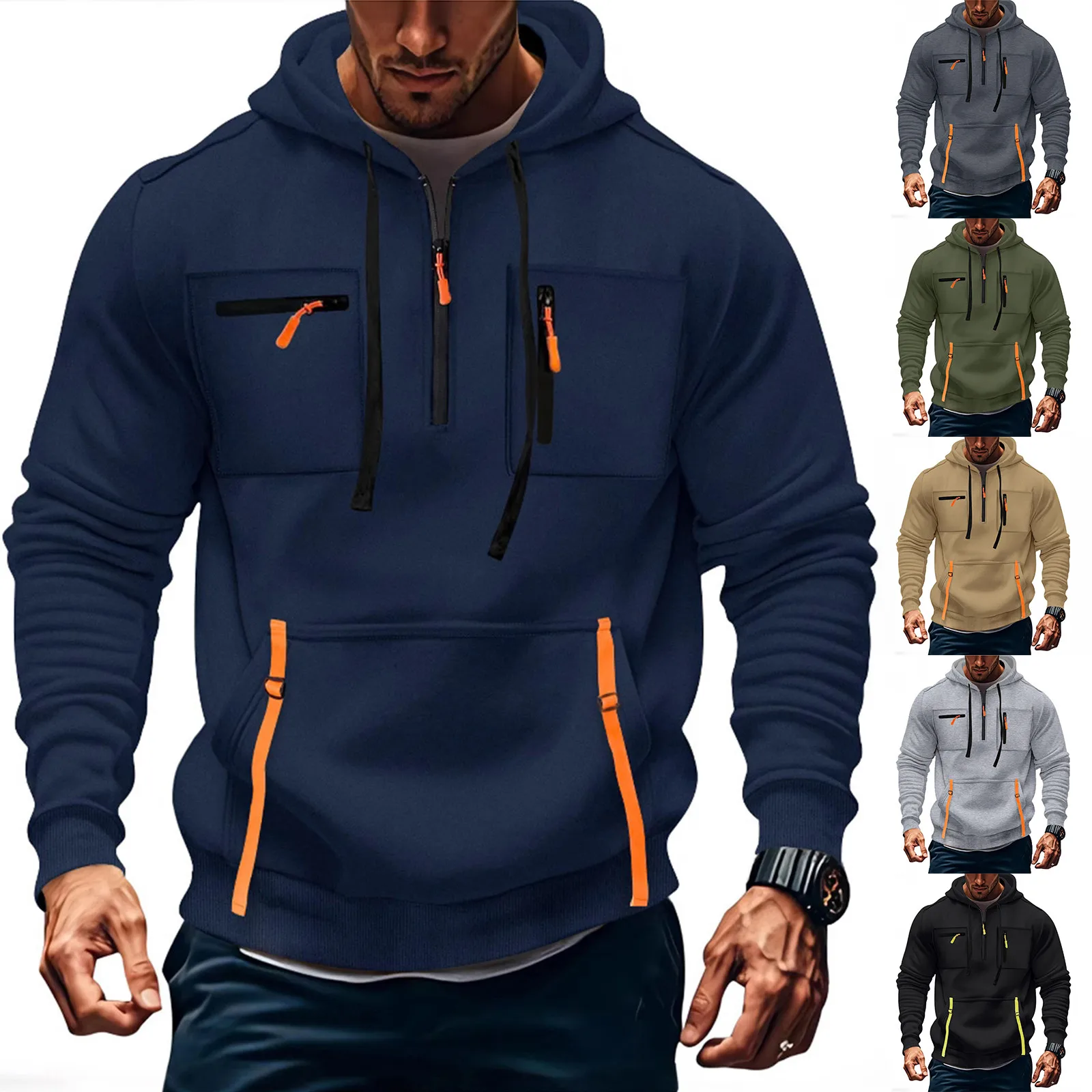 Men's Casual Sports Hoodie 2025 New Fashion Pocket Zipper Hooded Sweatshirt Solid Color Loose Coat Outdoor Running Streetwear