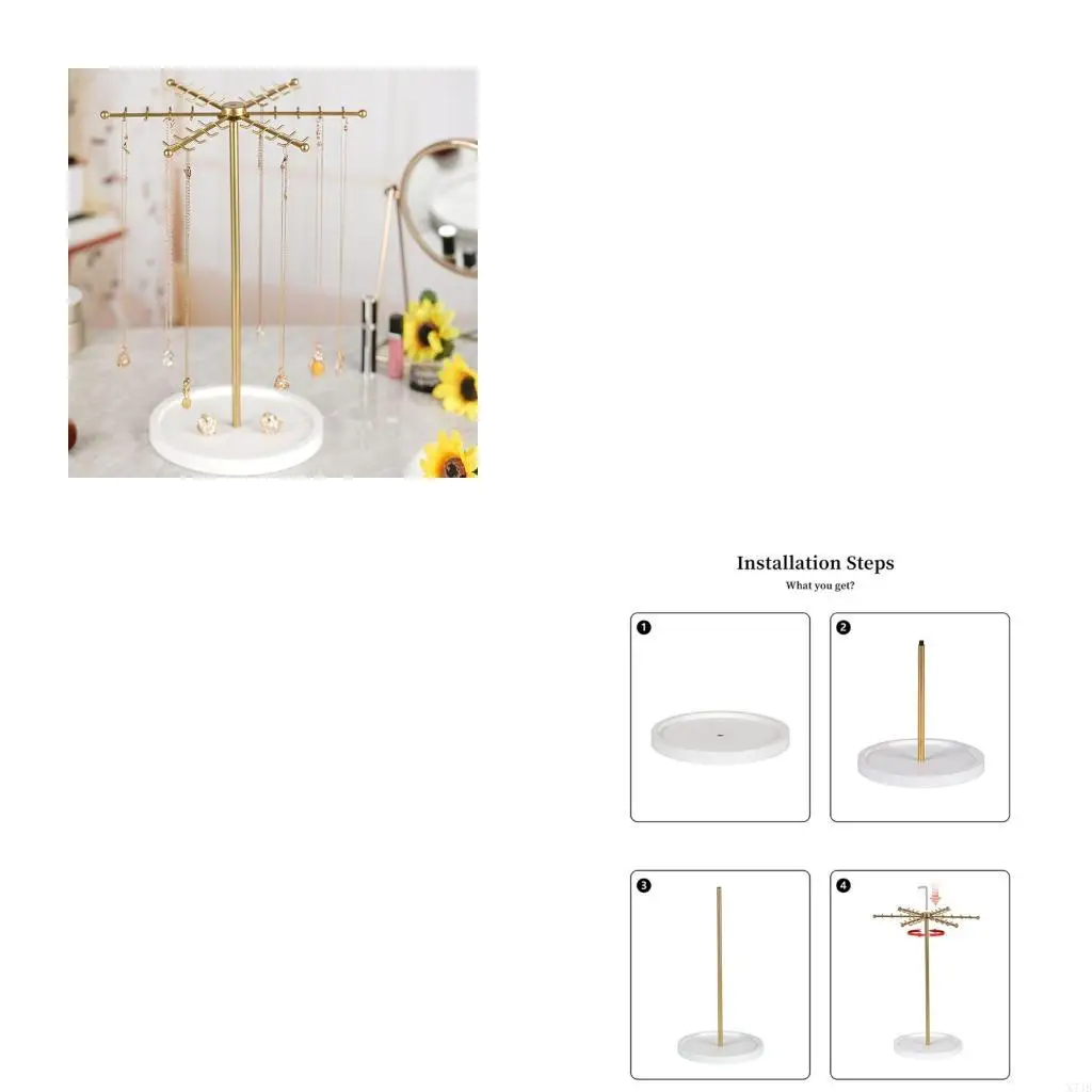 

Modern Gold Jewelry Display Stand 48 Hooks 360 Rotating Design Compact Storage Solution For Necklaces Bracelets Perfect Gift