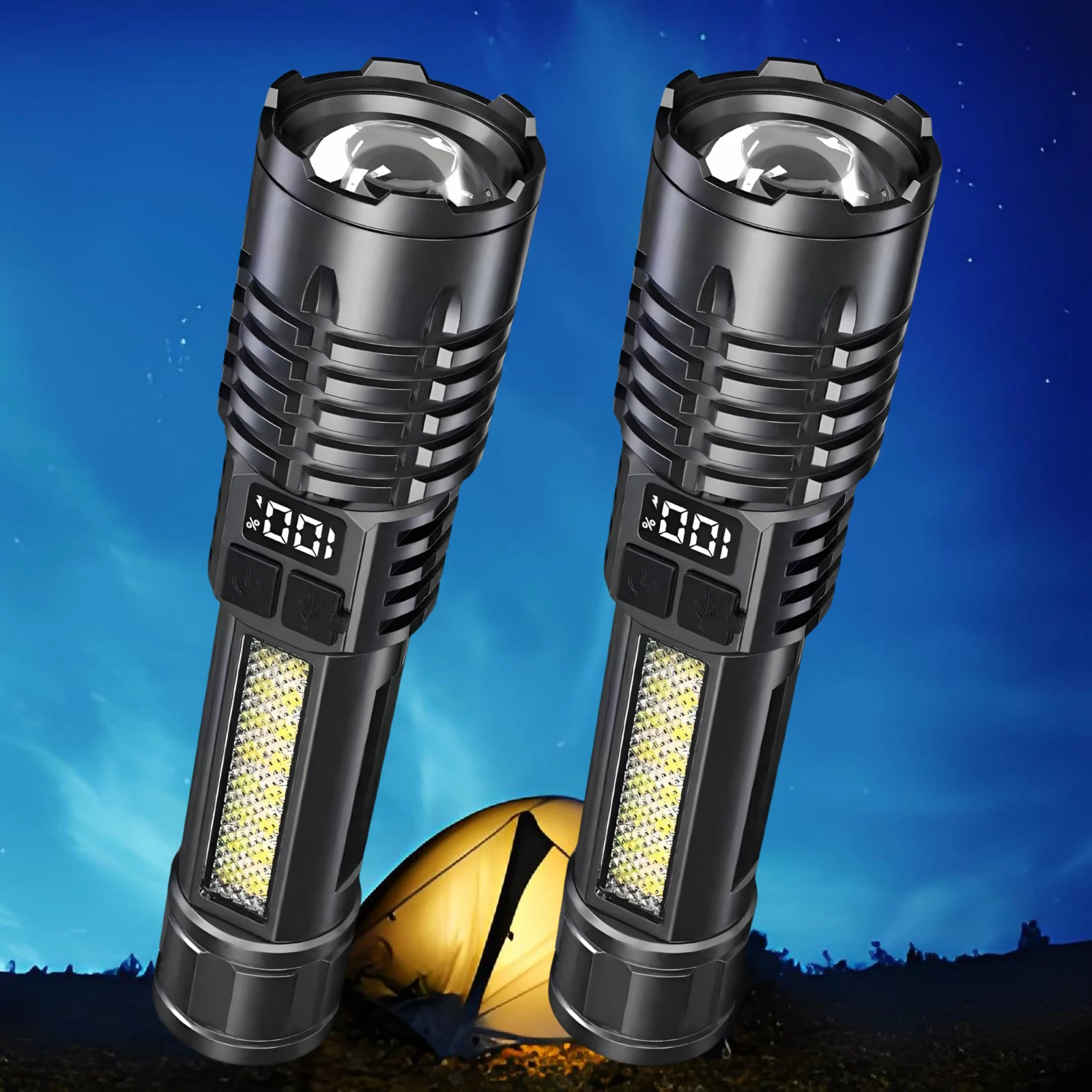 AODTOSIP 2Pcs High Power Rechargeable Led Flashlight Very Strong COB LED Work Light With Side Light Torches