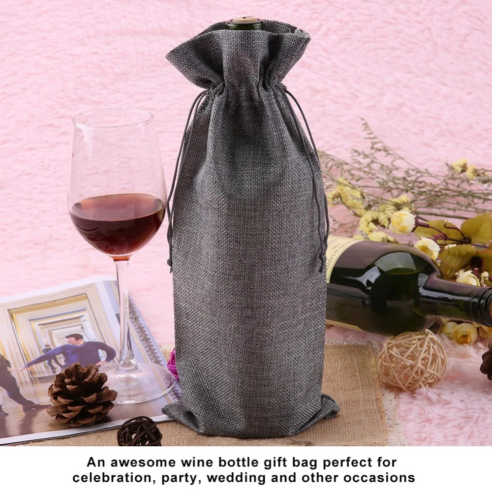 12pcs Simple Design Drawstring Closure Linen Fabric Wine Bag Grey Linen Burlap Wine Bag Wine Bottle Gift Bag Party