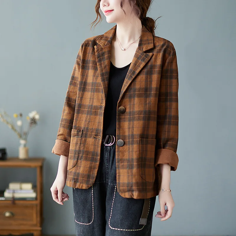 Autumn New Retro Style Plaid All Match Suit Short Jacket for Women, Loose and Versatile, Slimming Vintage Fashion Top
