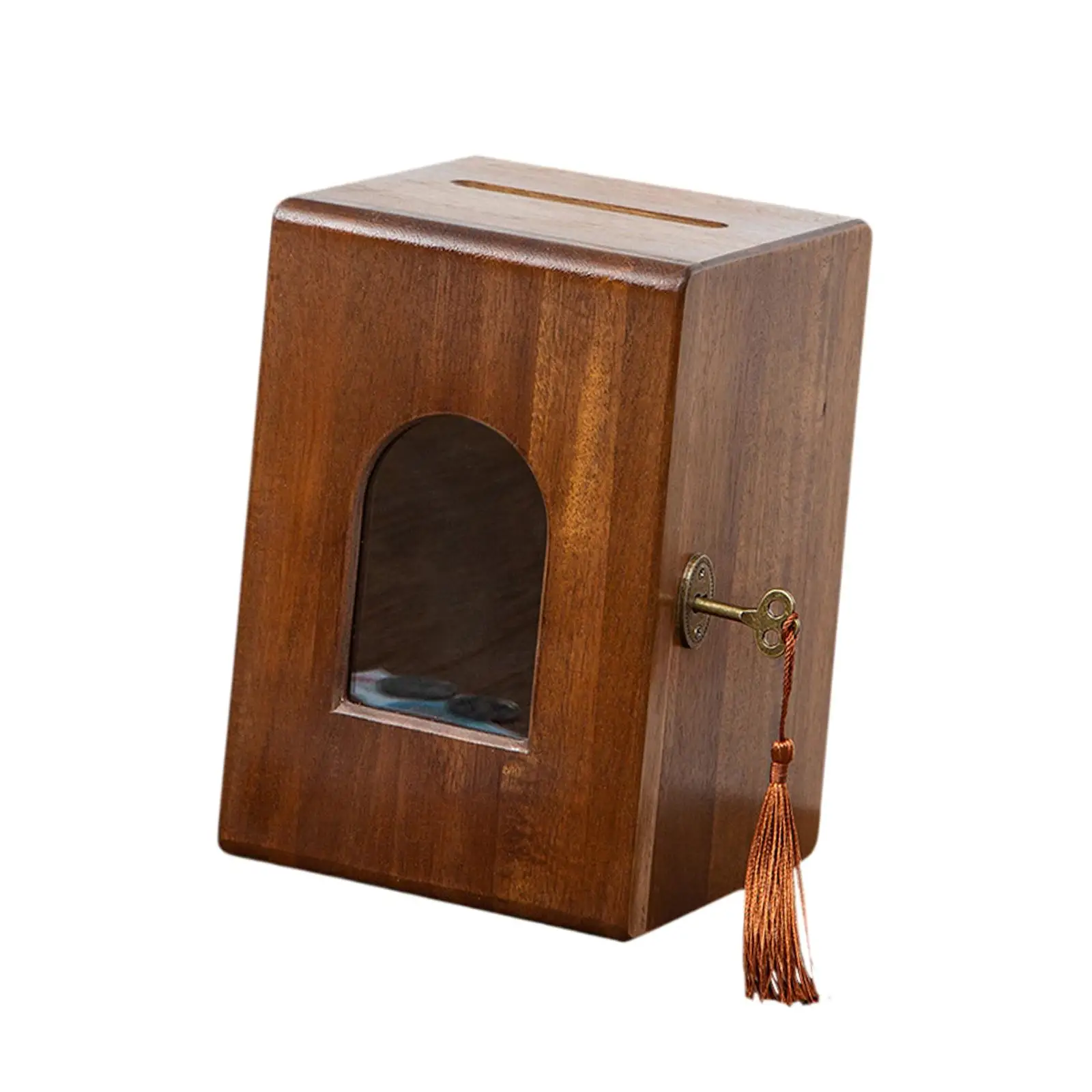 Antique Wooden Piggy Bank with Lock and Key Money Saving Box Treasure Chest Storage for Kids Adults Desk Jewelry Holder