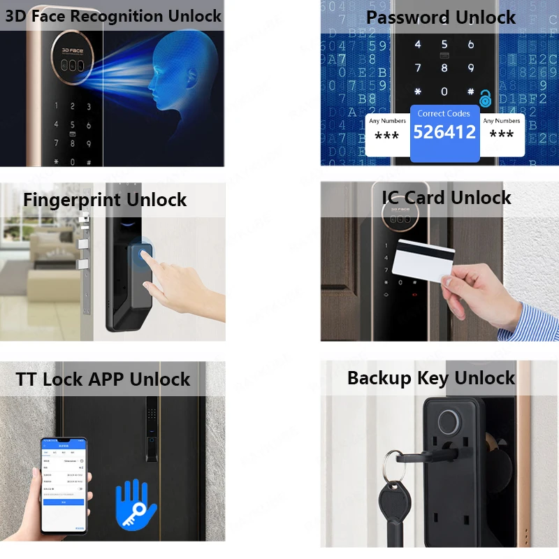 NEW RAYKUBE T400 Full-auto Advanced TT Lock BLE 3D Face Recognition Smart Door Lock Digital Fingerprint Electronic Door Lock