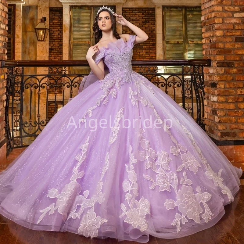 Angelsbride Charming Off Shoulder Lilac Ball Gown Quinceanera Dresses With Appliques Evening Vestido De 15 Quinceañera