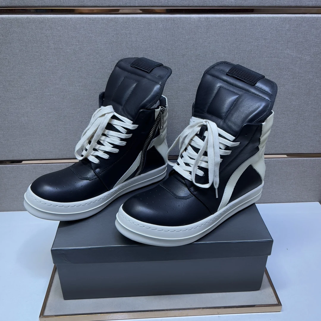 Men Genuine Leather High Top Sneakers Black White Contrast Color Thick Platform Sole Lace‑up Ankle Boots Streetwear Geobasket