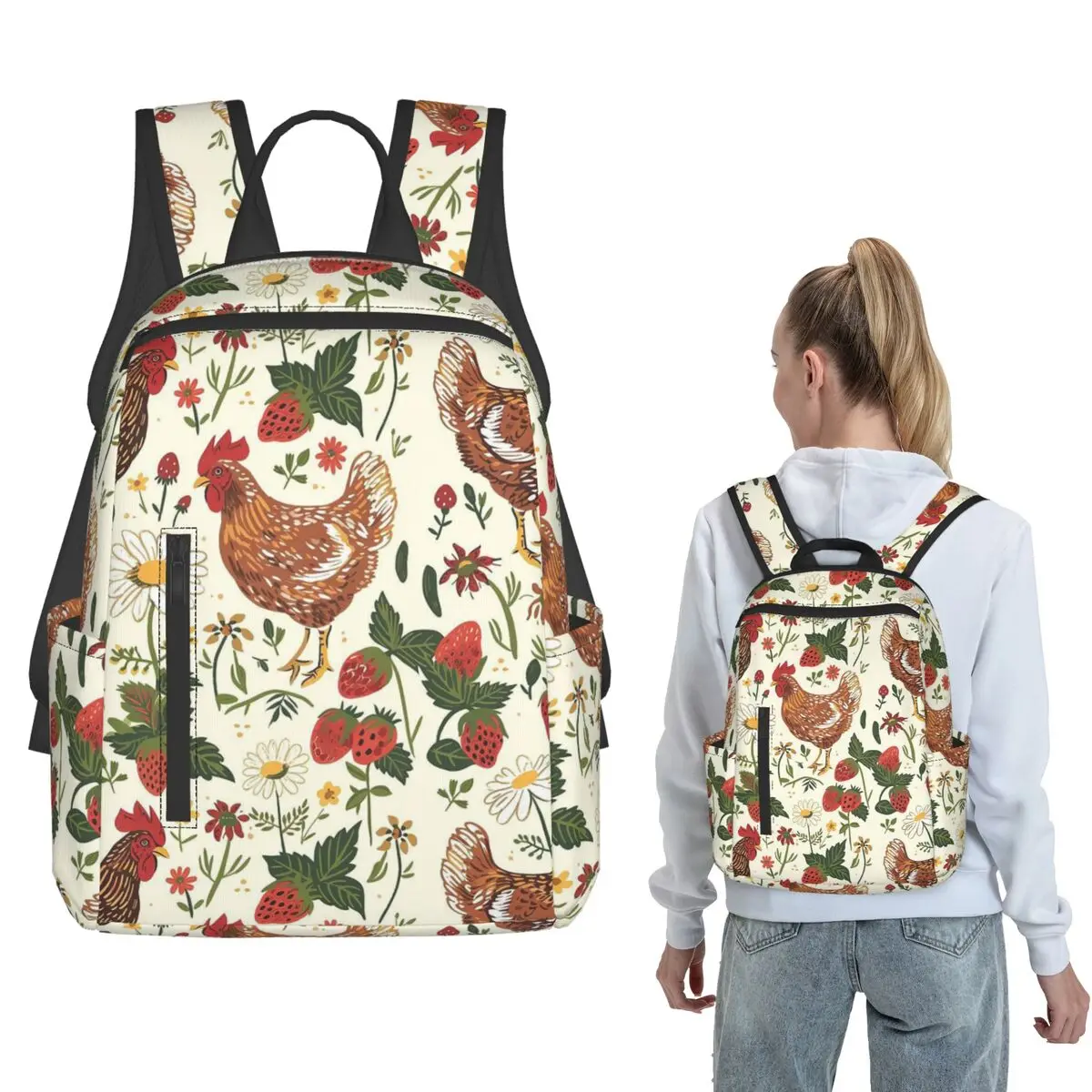 

Rural Chicken Floral Design Backpack Daypack Kids BookBag School Bag Shoulder Bags for Men Women