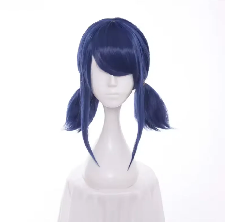 Curto marinho 2 rabos de cavalo cosplay joaninha perucas de cabelo sintético traje perucas com franja festa para o dia das bruxas joaninha