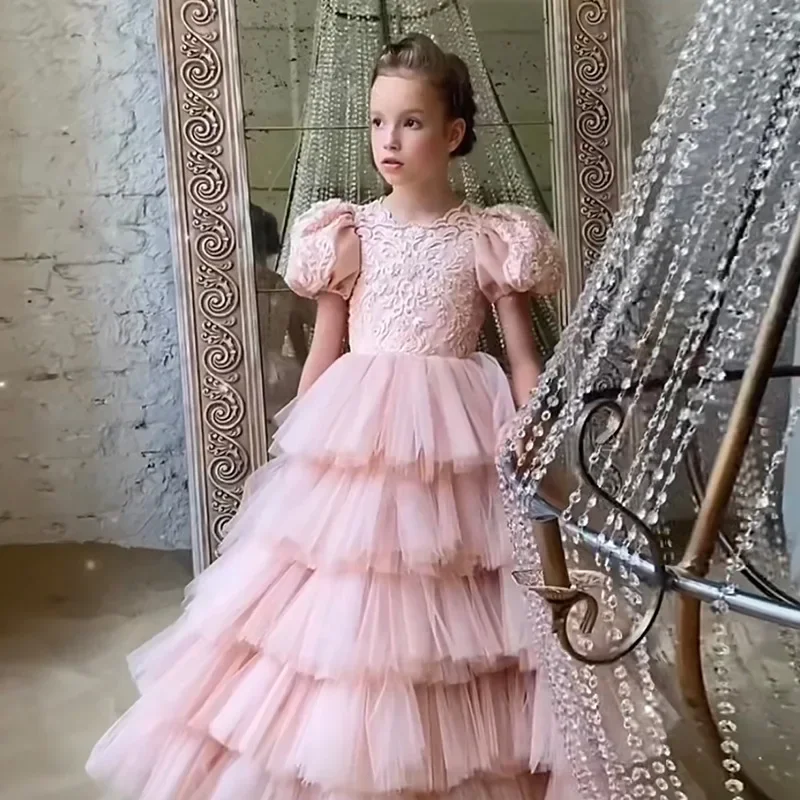 Vestidos escalonados de flores para niña, apliques de encaje, longitud hasta el suelo, Princesa, fiesta de cumpleaños, primera comunión