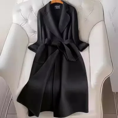 

Двустороннее кашемировое пальто женское средней длины, белое, премиум-класса, новинка осени-зимы 2024, тонкое, в корейском стиле, шерстяное пальто