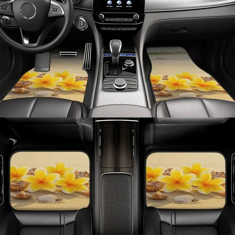 4pcs Beach Yellow Flowers Seashell Print Car Floor Mats, Elegant Interior Decor Additions For Daily Driving, All Season Fashiona
