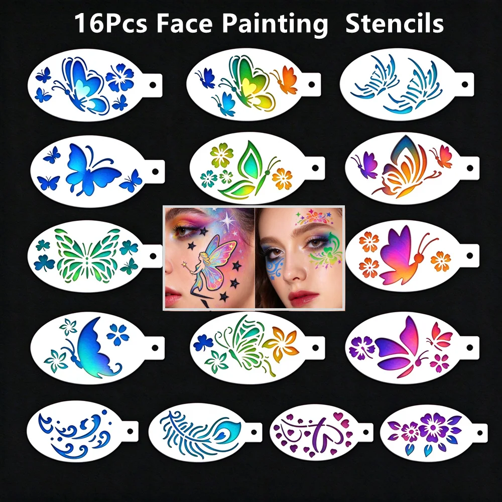 16Pcs Face Paint Stencils Set Reusable DIY Painting Templates Body Art Tattoo Stage Holiday Makeup Stencils for Kids & Adult
