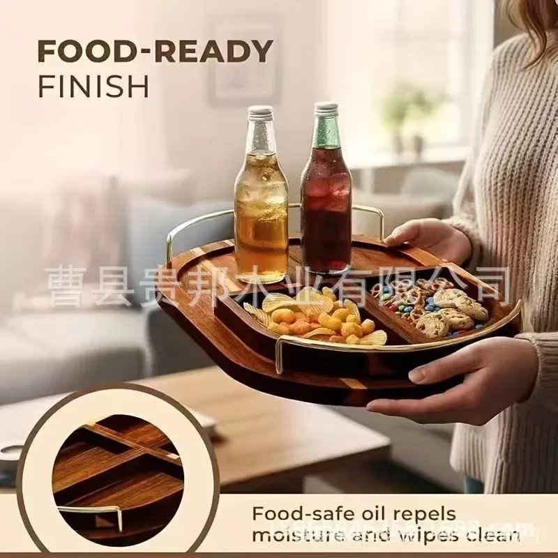 Guibang Wooden Oval Serving Tray with Metal Handle and Divider Layer Safe Food Contact Snack Platter for Party Home Decor