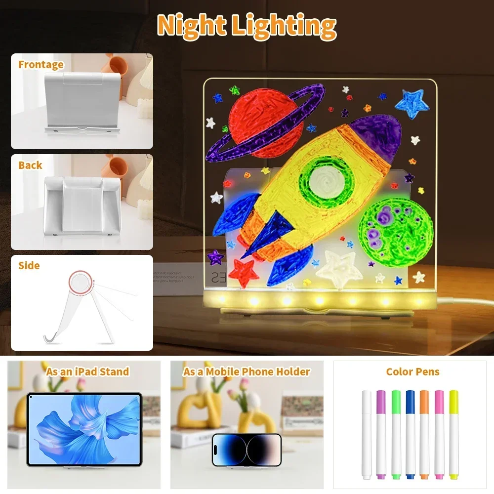 لوحة ملاحظات Led مع ألوان لوحة رسائل Led زجاج ملاحظة مع 7 أقلام ملونة قابلة للمسح علامة نيون لوحة كتابة زجاجية شفافة
