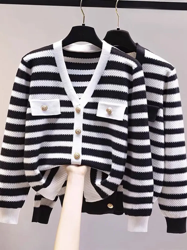 

Elegant Striped Knit Cardigan Sweater 2023 Spring Autumn New V-neck Long Sleeved Jacket Women's Fashion Gold Button Coat Top