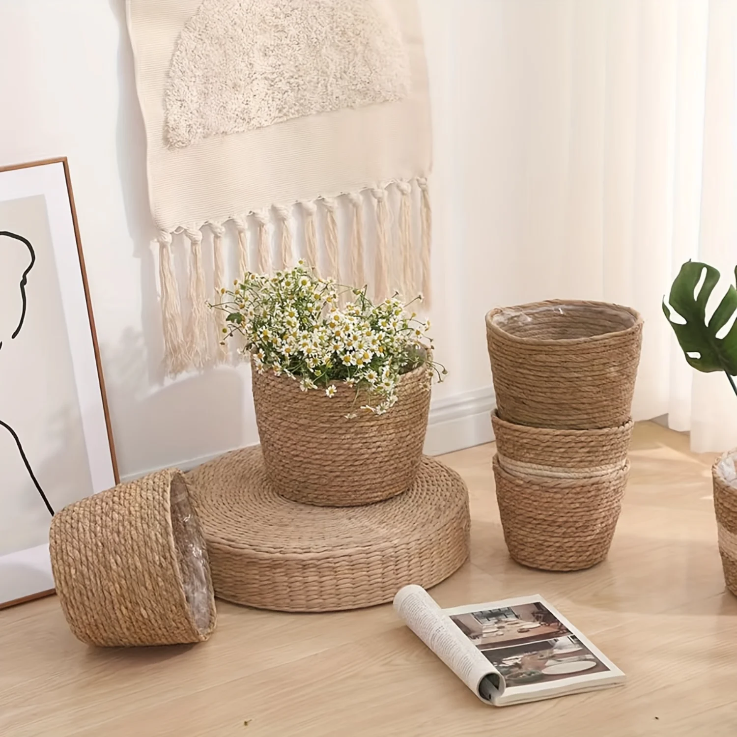 3pcs, Hand Woven Dandelion Flower Basket, Flower Pot Indoor Modern Decorative Plastic Pots For Plants With Drainage Hole And Tra