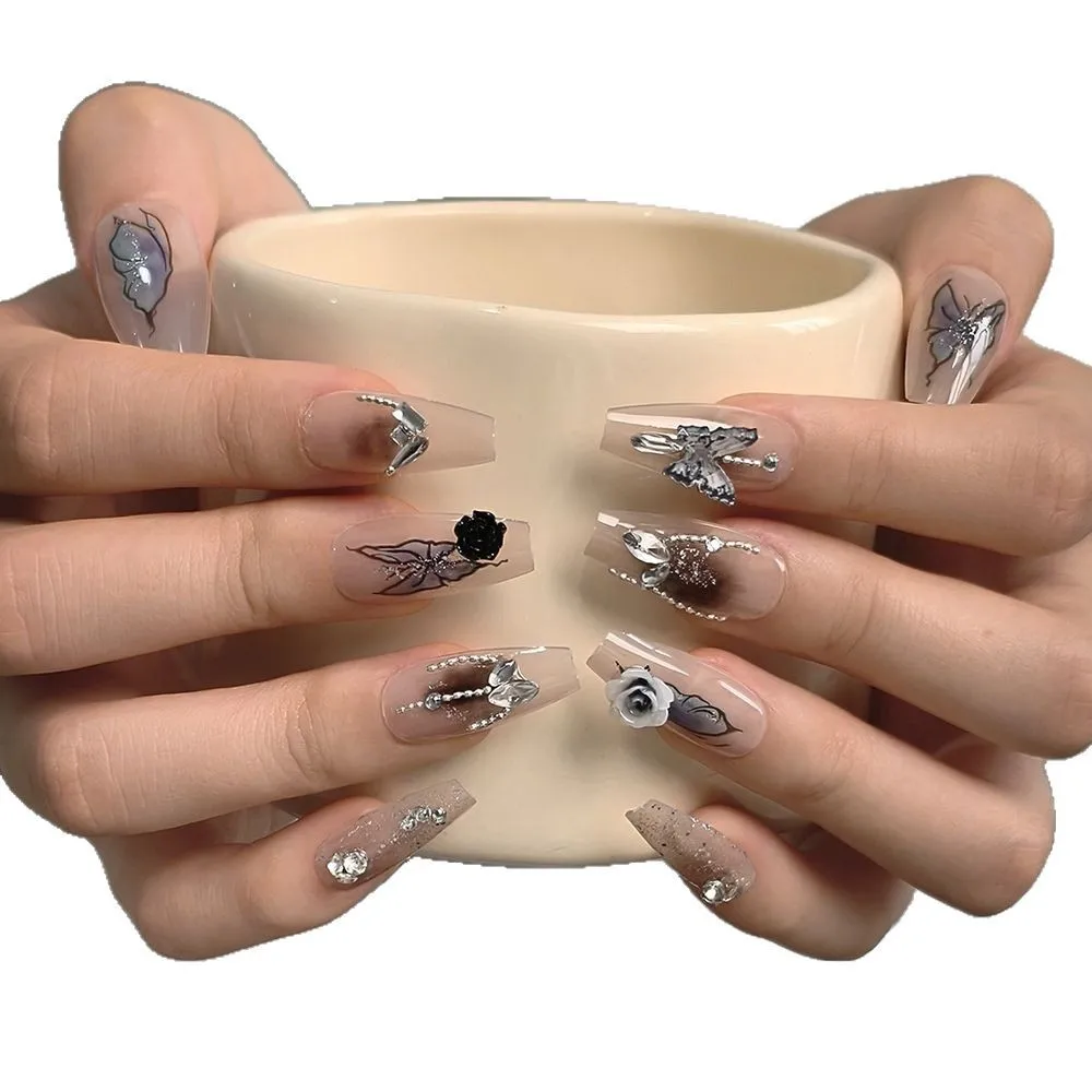 New Long Dark Style Manicure Press On Nails Rhinestone Charms
