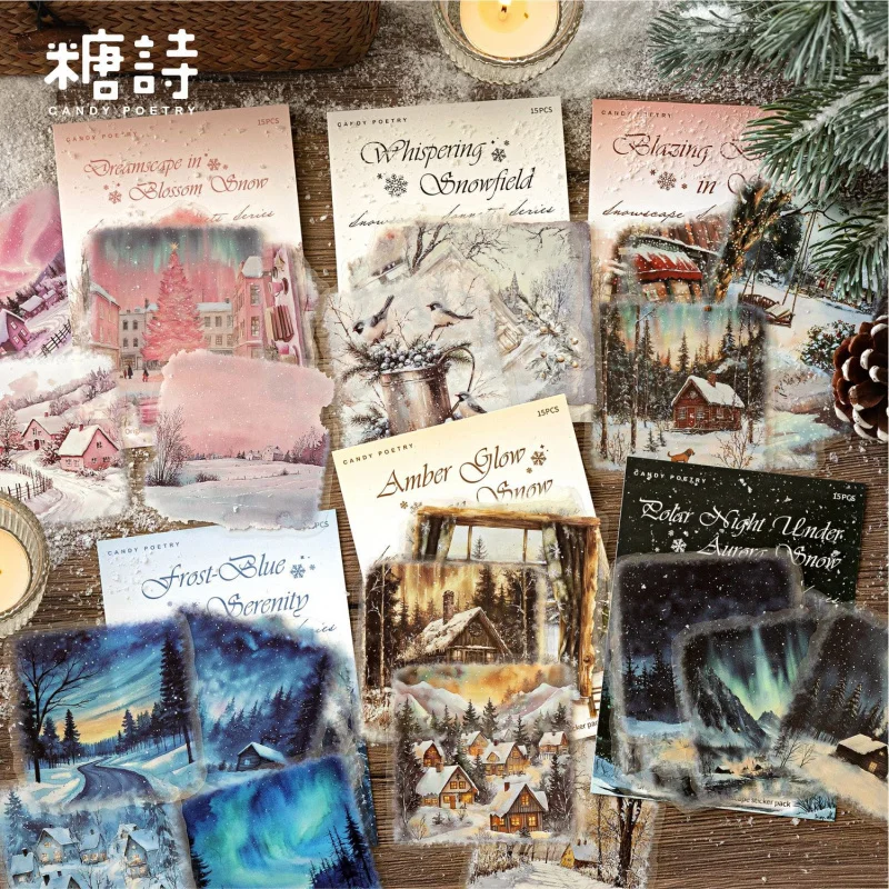 15 Sheets Winter Snow Scene Sticker Pack No-Repeat Designs For Hand Account Embellishment