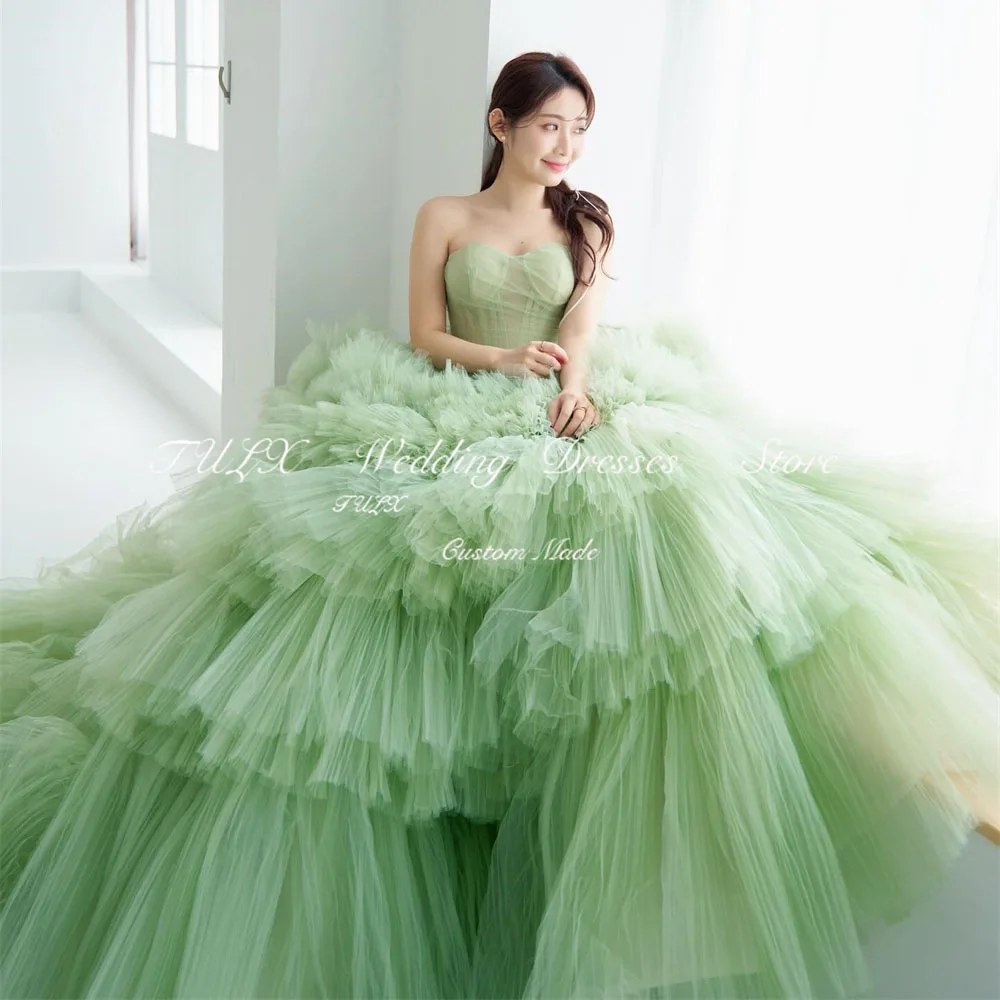 TULX Luxury Avocado Green Tiered Tulle Evening Dresses Korea Wedding Photoshoot Sweetheart Floor Length Corset Party Prom Gowns