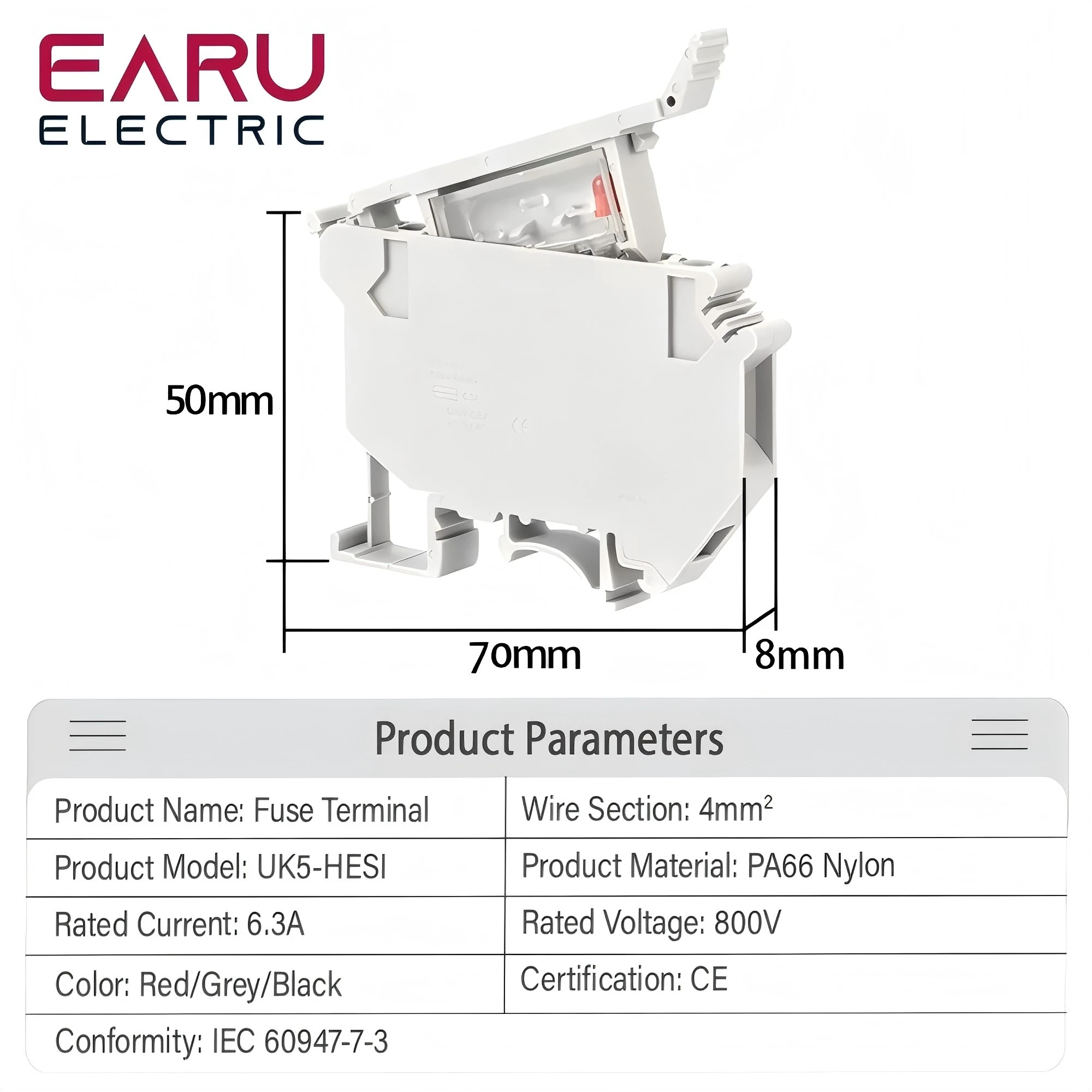 EARU 10Pcs/lot Din Rail Terminal Blocks UK-5-HESI Connector Screw Fuse Terminal Block Connector Screw Fuse Holder Conductor