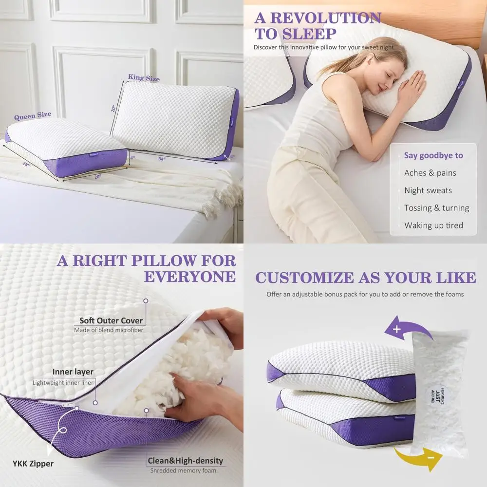 

King Size Cooling Memory Foam Pillows - Adjustable, Removable Cover, Ideal for Side and Back Sleepers