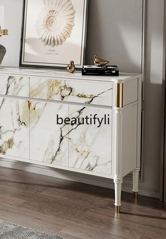 

B61 Light luxury rock slab dining side cabinet Solid wood simple French entrance cabinet Modern guest restaurant White storage