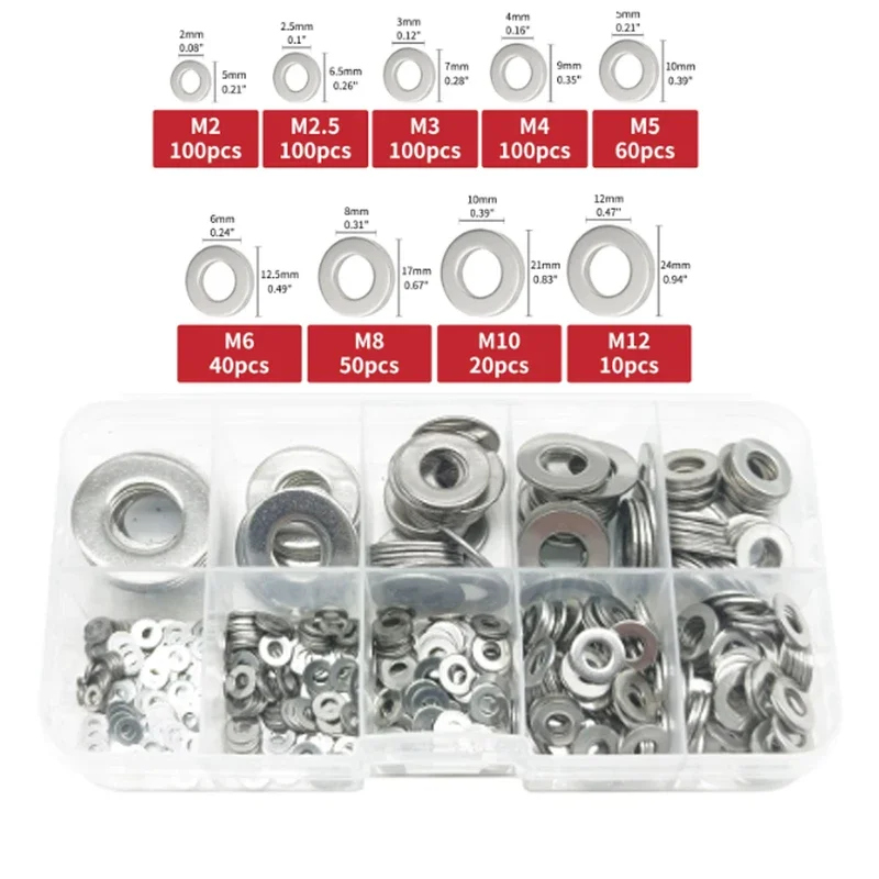 360PCs/580PCs 9 sizes 304 stainless steel flat washers assortment kit (M2 M2.5 M3 M4 M5 M6 M8 M10 M12) suitable for home decorat