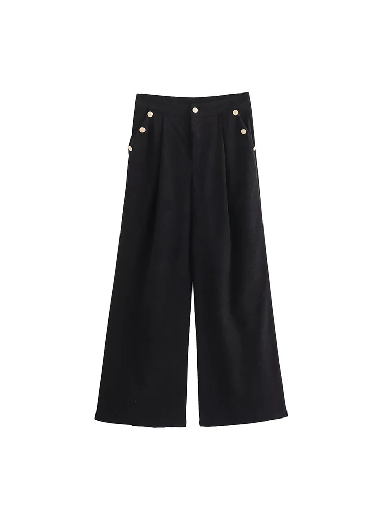 

2024 autumn new women's retro loose casual high waist button decoration straight wide leg pants trousers