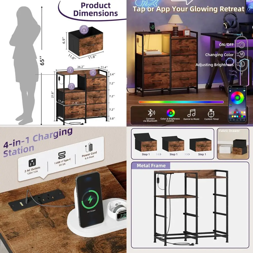 

LED Lighted Nightstand with Charging Port & 5-Drawer Wide Dresser, Fabric Bins & Open Shelving, Wood Texture Finish for Bedroom,