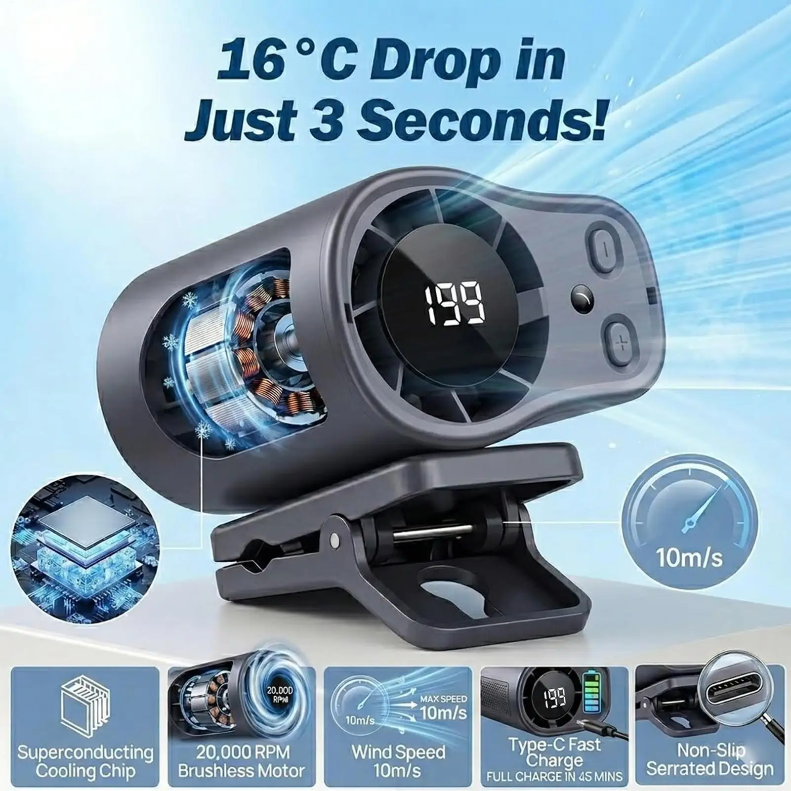 Portable Mini Fan Small Clamp-type Fan with 199 Speed Adjustments Equipped with LED Lights Long-lasting Outdoor Waist-worn Fan