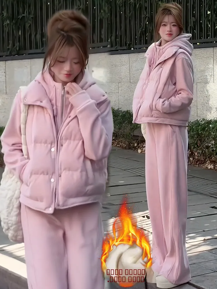 

Комплект из утепленных худи и брюк для женщин: свободный крой, толстовка и футболка-жилет, зимняя повседневная спортивная одежда