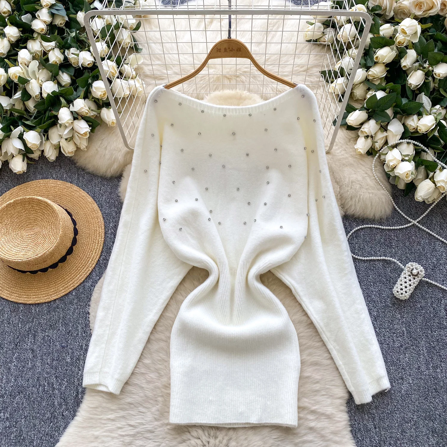 Chic vintage slash neck glitter long sleeve slim Knit Elegant Fairy korean fashion Boho Sundress women clothing