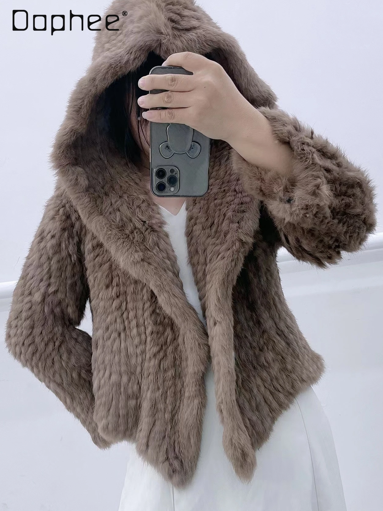

2025 Autumn High-End Fashion Versatile Hooded Short Rabbit Fur Coat Women Trendy Graceful Socialite Loose Slim Faux Fur Jackets