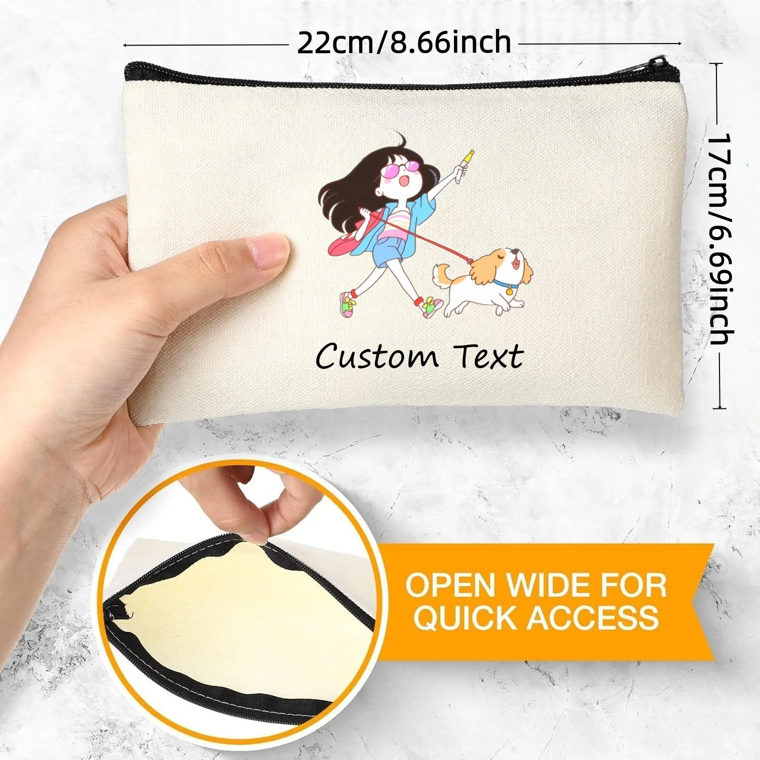 1PCCustom Text Cartoon Girl Walking Puppy Cosmetic Pouch Pink Sunglasses Girl Zipper Makeup Bag Personalized Canvas Storage Gift