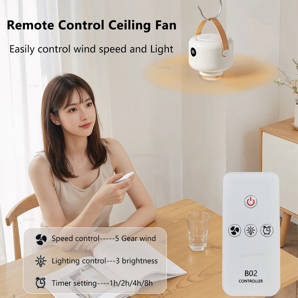 مروحة سقف محمولة لاسلكية 7200 مللي أمبير في الساعة USB قابلة لإعادة الشحن للتخييم مع جهاز تحكم عن بعد وإضاءة للخيمة