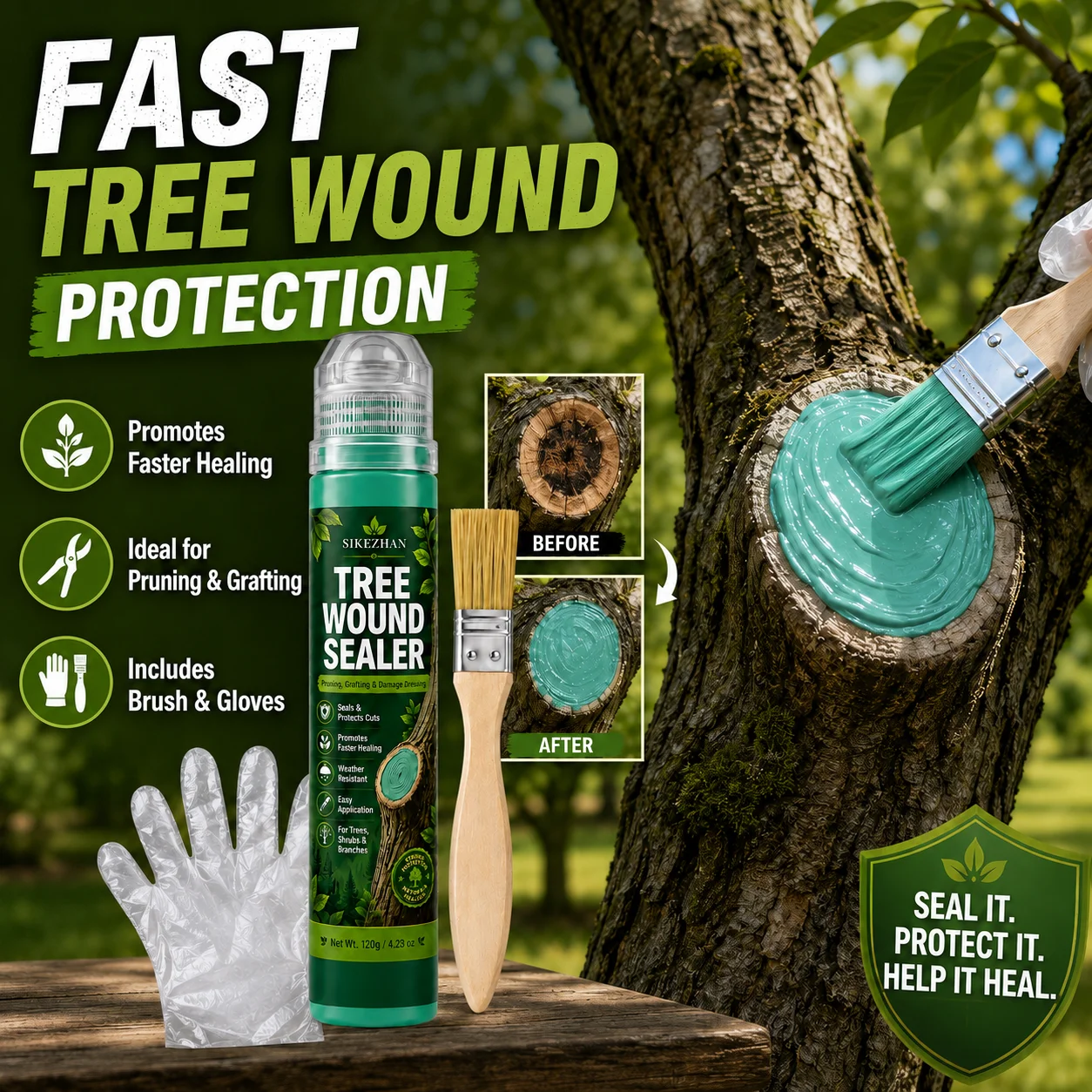 SIKEZHAN Garden Tree Wound Sealer Set 120g, Pruning and Grafting Sealant with Brush and Gloves for Trees, Shrubs and Branch Care