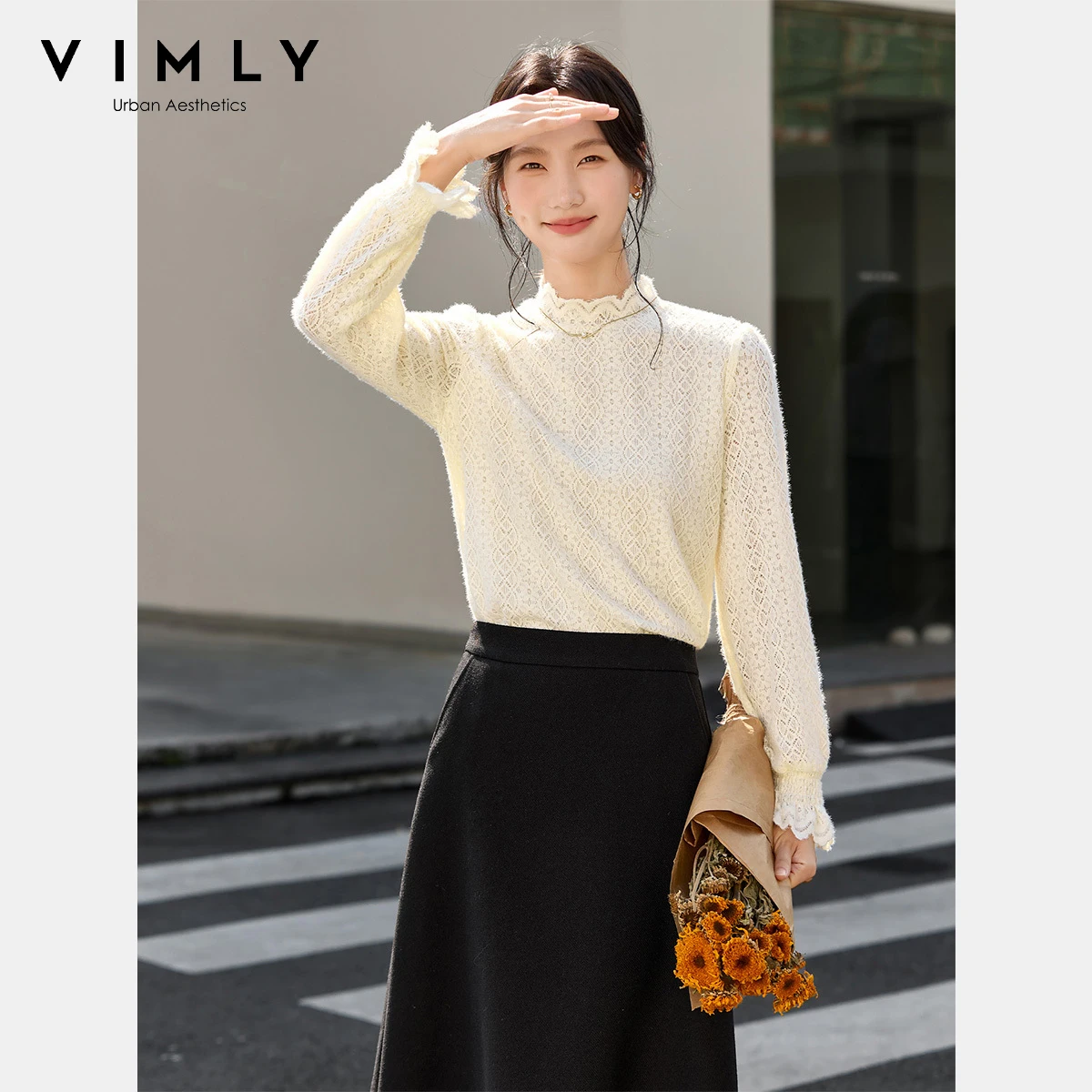 

VIMLY женский абрикосовый джемпер, элегантные кружевные вязаные топы с длинными рукавами, осень 2021, женские пуловеры с воротником-стойкой и пышными рукавами A3073